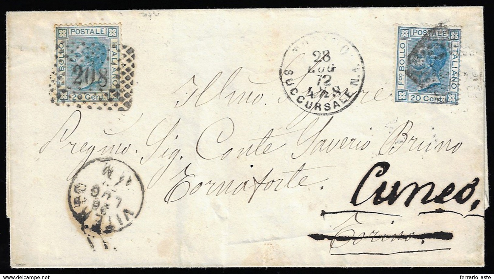 1872 - 20 Cent. Azzurro (T26), Perfetto, Su Sovracoperta Di Lettera Da Viterbo 26/7/1872 A Torino, R... - Otros & Sin Clasificación