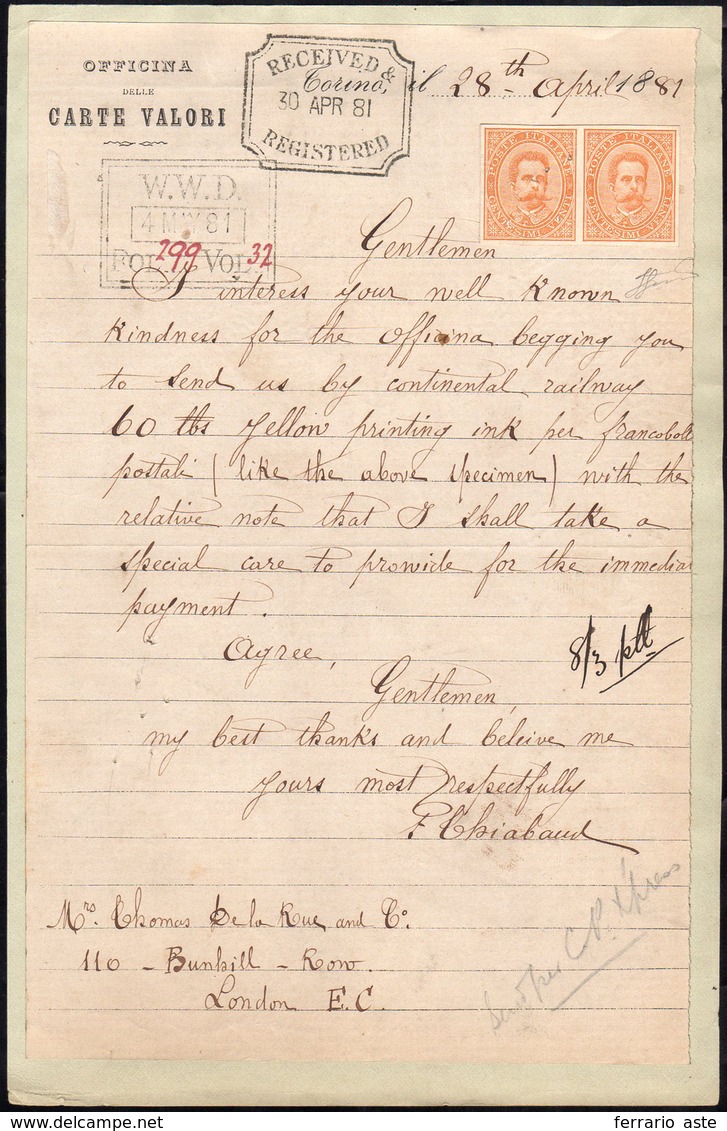 1881 - Richiesta Della Officina Carte Valori Di Torino Del 28/4/1881 Indirizzata A Thomas De La Rue ... - Andere & Zonder Classificatie