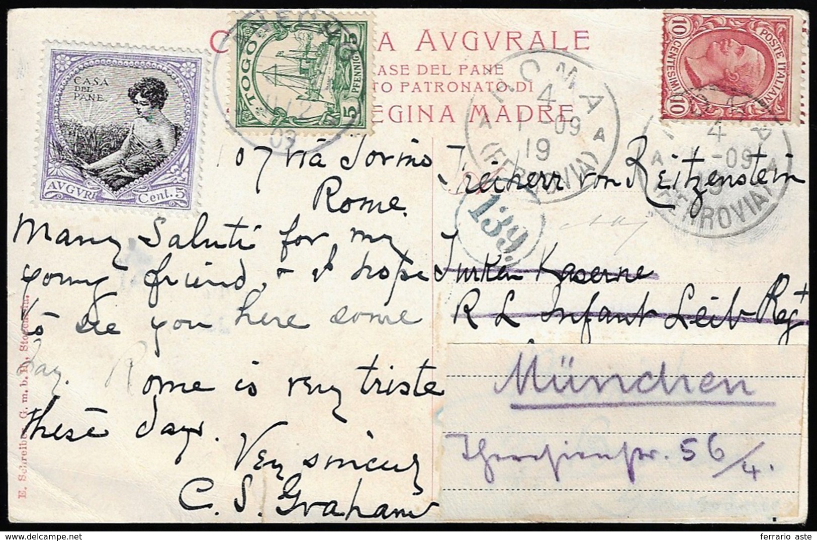 1909 - 10 Cent. Leoni (82), Su Cartolina Da Roma 1/9/1909 Per Il Togo, Rispedita A Monaco Previa Ria... - Sonstige & Ohne Zuordnung