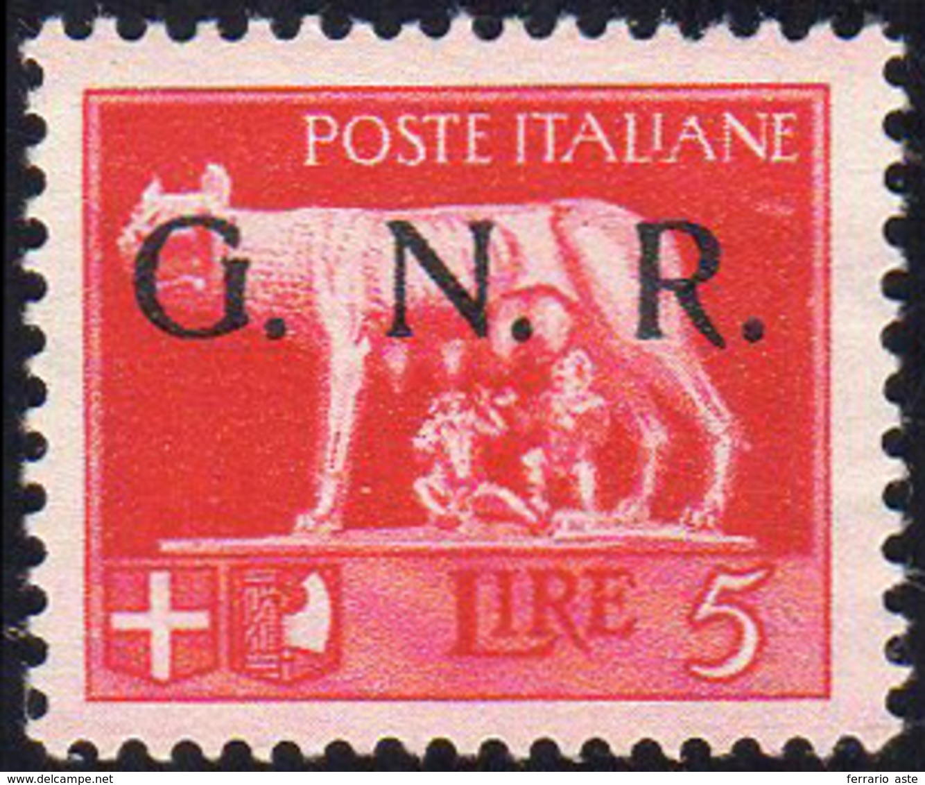 1943 - 5 Lire Soprastampa G.N.R. Spaziata Del I Tipo, Tiratura Di Brescia (485/A), Gomma Integra, Pe... - Andere & Zonder Classificatie