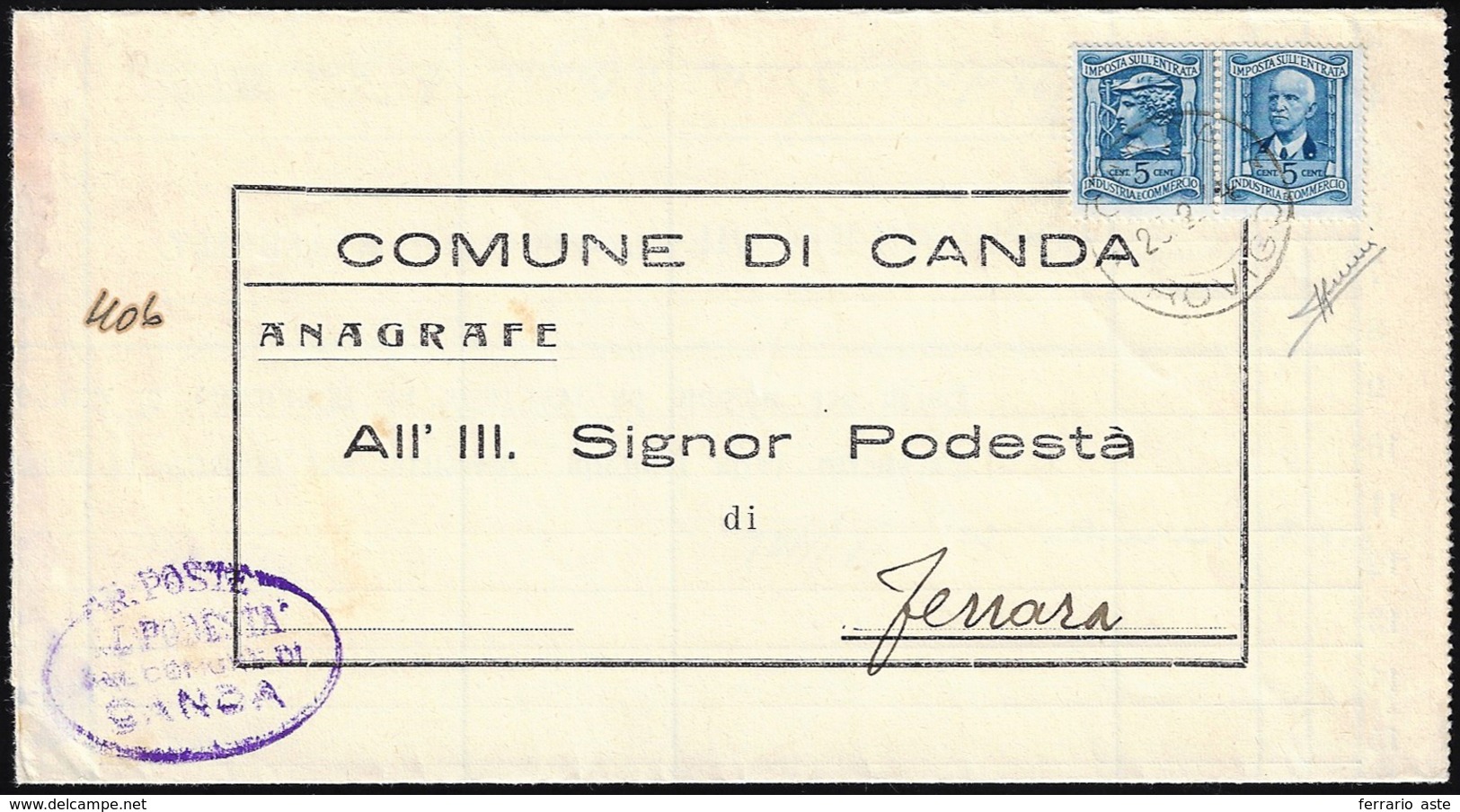 1944 - 5 Cent. Imposta Sull'Entrata, Marca Da Bollo Doppia, Perfetta, Su Lettera Da Canda 23/2/1944 ... - Other & Unclassified