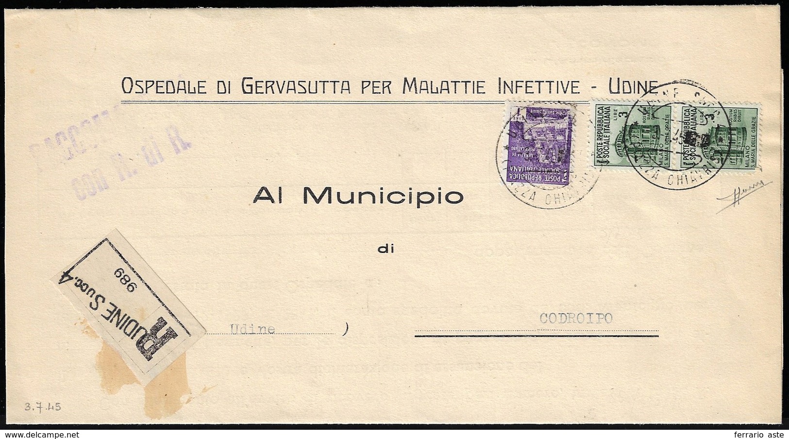 1945 - 3 Lire, Coppia E 1 Lira, Monumenti Distrutti (509,511), Perfetti, Su Raccomandata Con A.R. Da... - Other & Unclassified