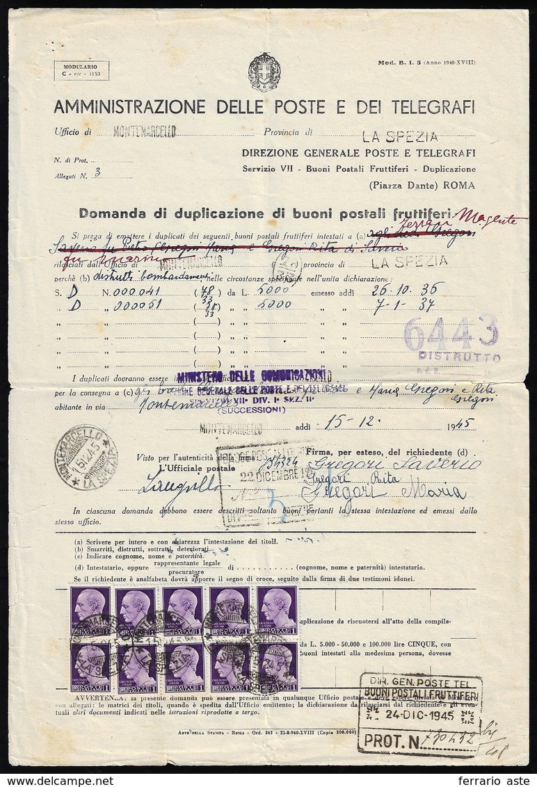 1945 - 1 Lira Imperiale, Senza Filigrana (540), Dieci Esemplari, Su Domanda Di Duplicazione Di Buoni... - Other & Unclassified