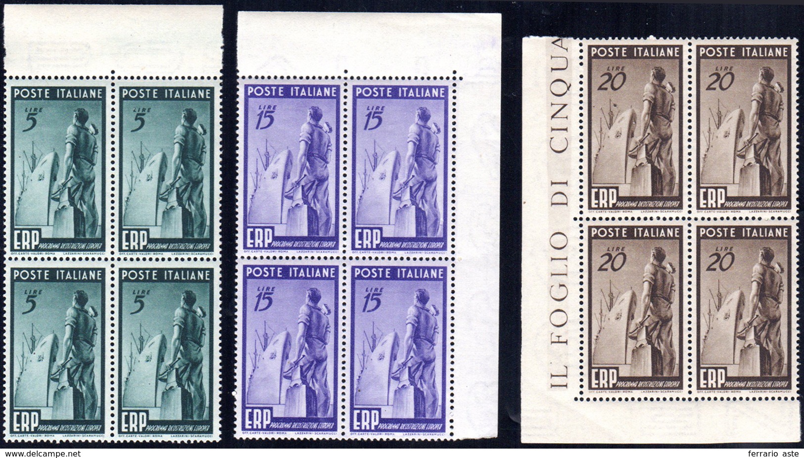 1949 - ERP (601/603), Blocchi Di Quattro, Ottima Centratura, Bordo/angolo Di Foglio, Gomma Integra, ... - Andere & Zonder Classificatie