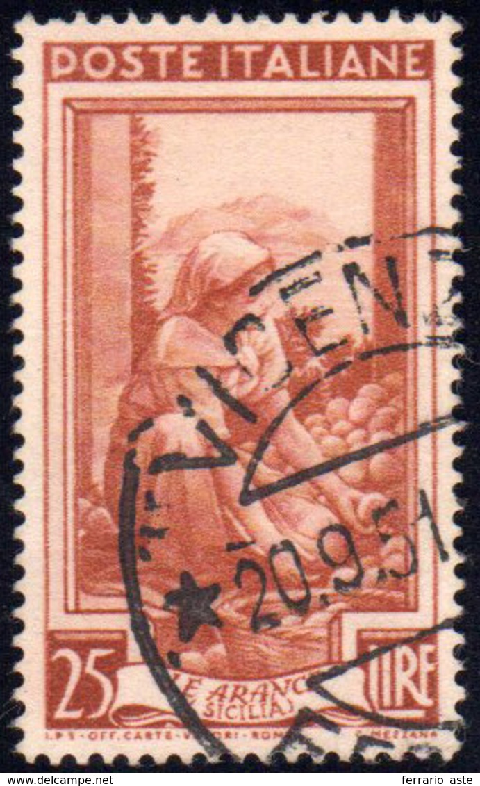 1950 - 25 Lire Lavoro, Senza Filigrana (643a), Perfetto, Usato A Vicenza 20/9/1951. Raro. Cert. Carr... - Autres & Non Classés