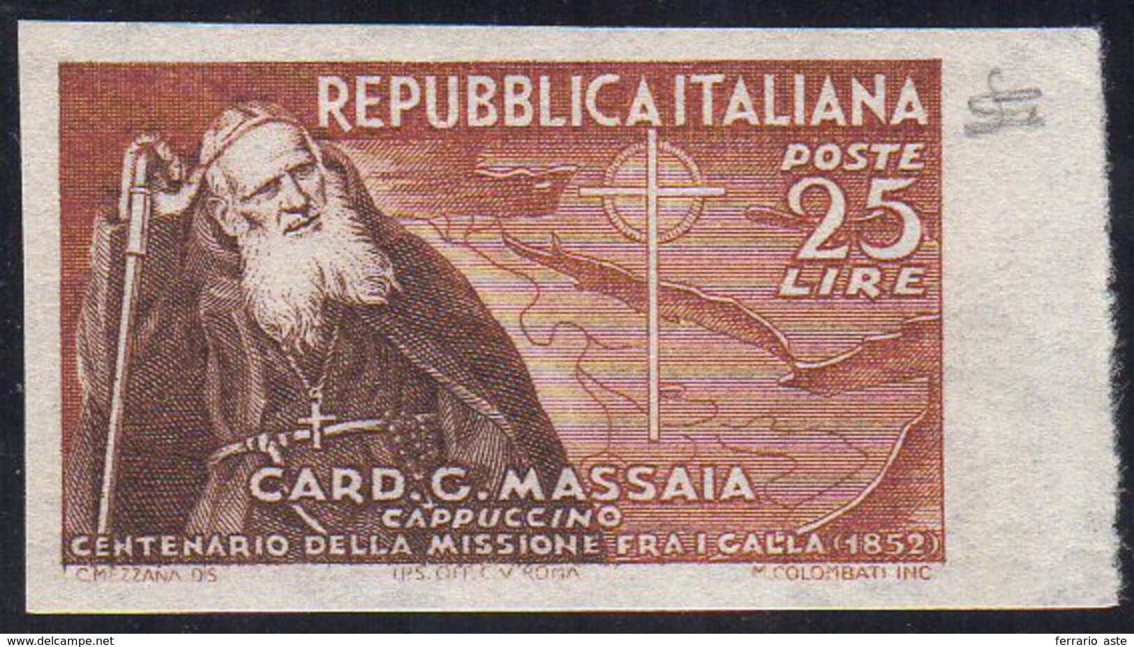 1952 - 25 Lire Cardinale Massaia, Non Dentellato (702a), Bordo Di Foglio, Gomma Integra, Perfetto. C... - Autres & Non Classés