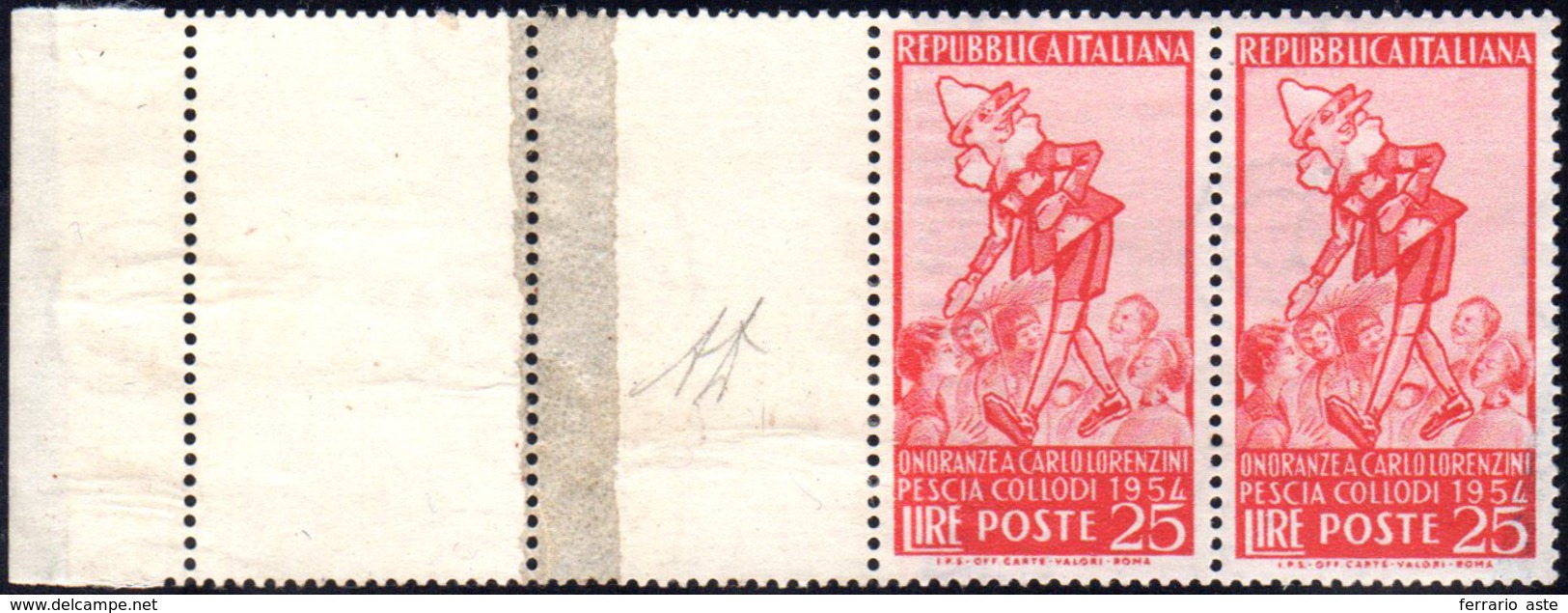 1954 - 25 Lire Pinocchio, Striscia Orizzontale Di Quattro, Due Esemplari Con Stampa Mancante - Dove ... - Other & Unclassified