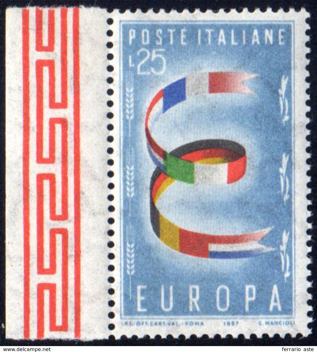 1957 - 25 Lire Europa CEPT, Doppia Stampa Del Fondo (817b), Bordo Di Foglio, Gomma Integra, Perfetto... - Other & Unclassified