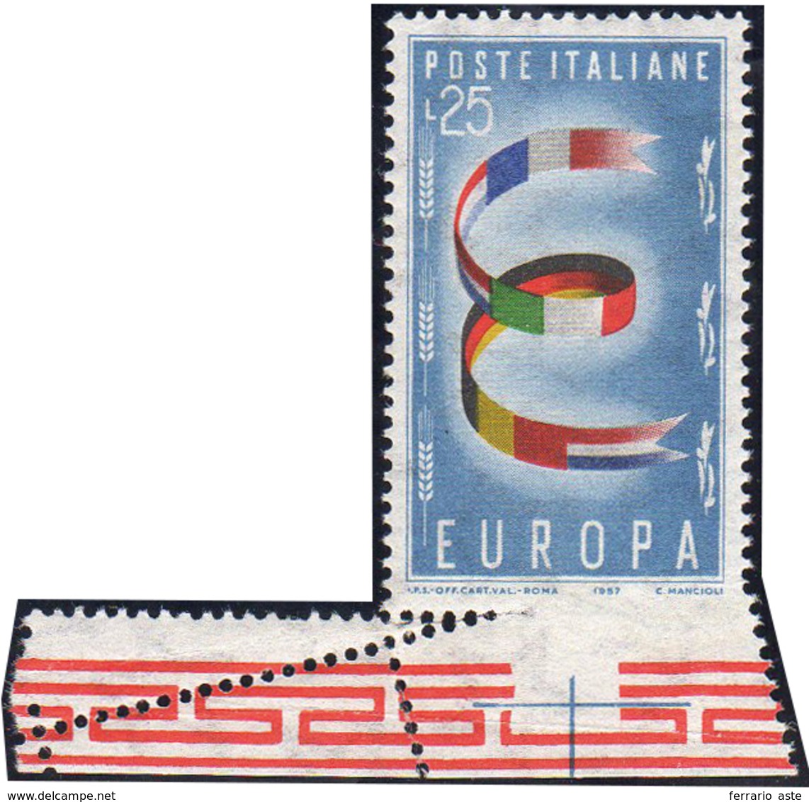 1957 - 25 Lire Europa, Quasi Totalmente Non Dentellato In Basso (817e), Nuovo, Gomma Integra, Perfet... - Other & Unclassified