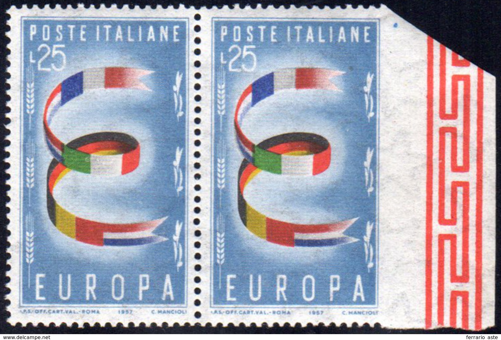 1957 - 25 Lire Europa CEPT, Non Dentellato A Destra, In Coppia Con Il Normale (817f), Bordo Di Fogli... - Other & Unclassified