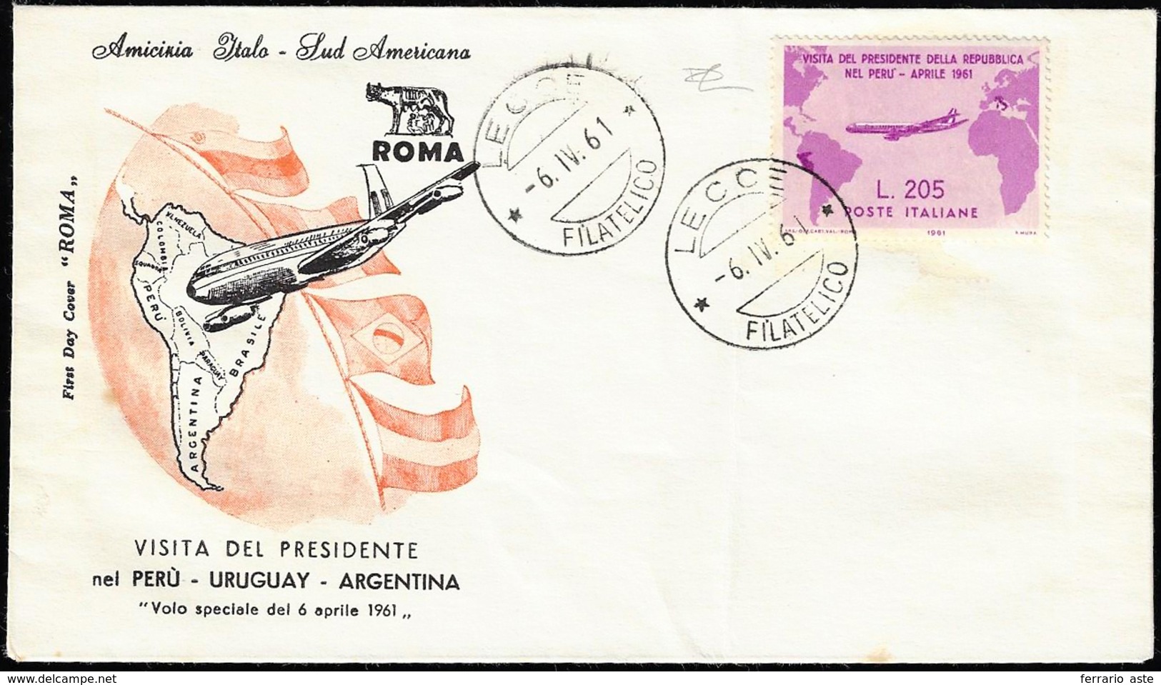 1961 - 205 Lire Gronchi Rosa (921), Perfetto, Usato Su FDC Non Viaggiata A Lecce 6/4/1961. Cert. Car... - Other & Unclassified
