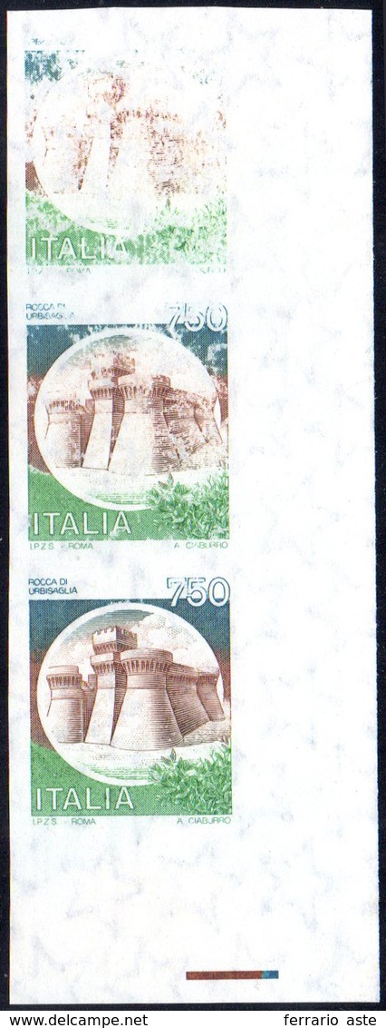 1990 - 750 Lire Castelli (1524A), Striscia Orizzontale Di Tre, Non Dentellata, I Primi Due Esemplari... - Other & Unclassified