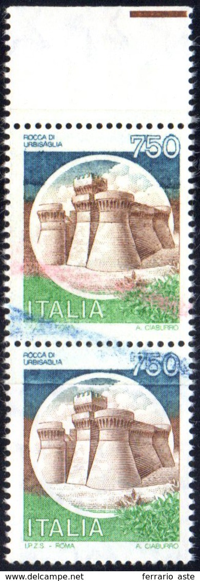 1990 - 750 Lire Castelli, Coppia Orizzontale Stampata Su Carta Ricongiunta (1524Ad), Bordo Di Foglio... - Autres & Non Classés