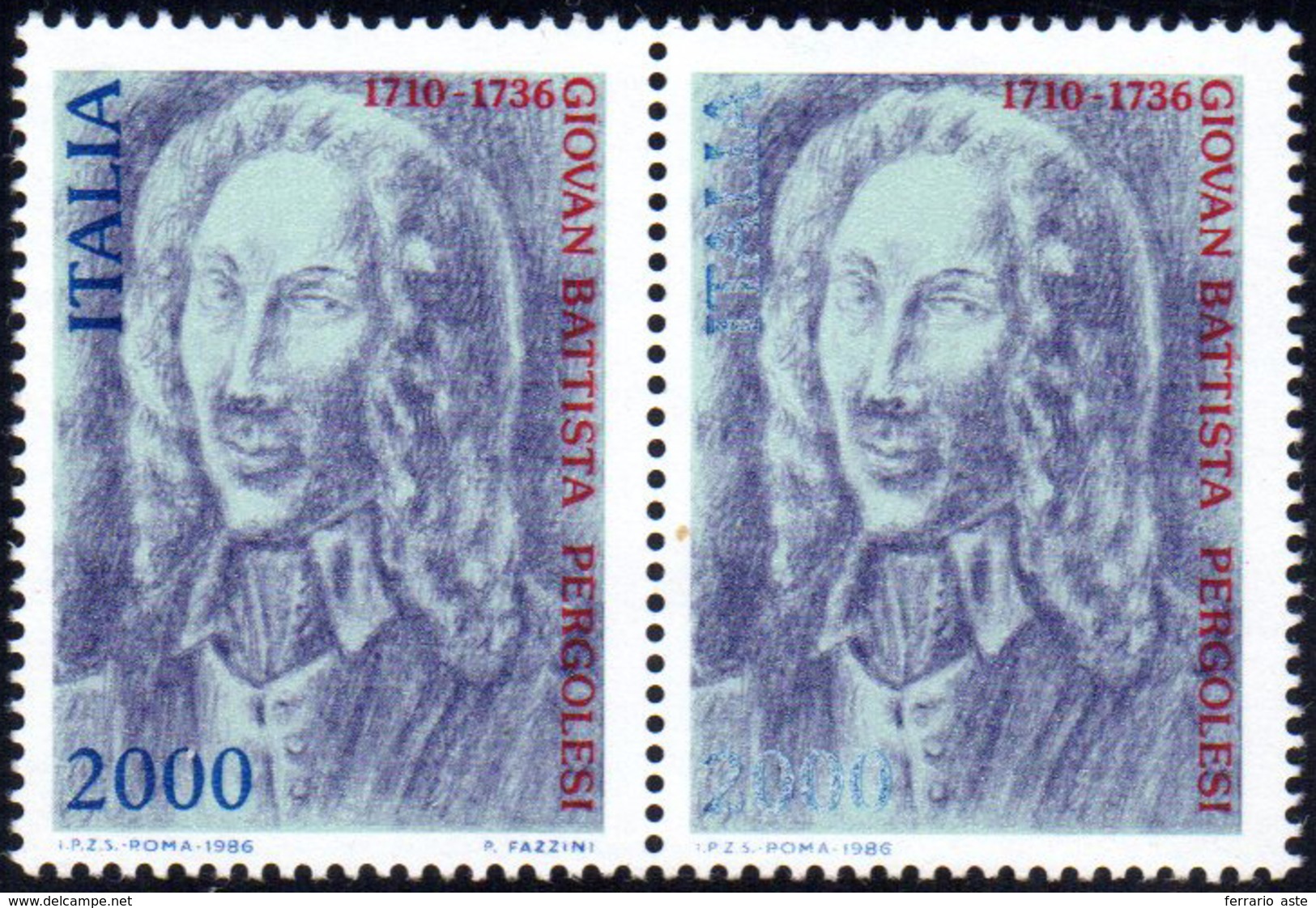 1986 - 2.000 Lire Pergolesi, Stampa Dell'azzurro Evanescente, In Coppia Con Il Normale (1754b), Gomm... - Andere & Zonder Classificatie