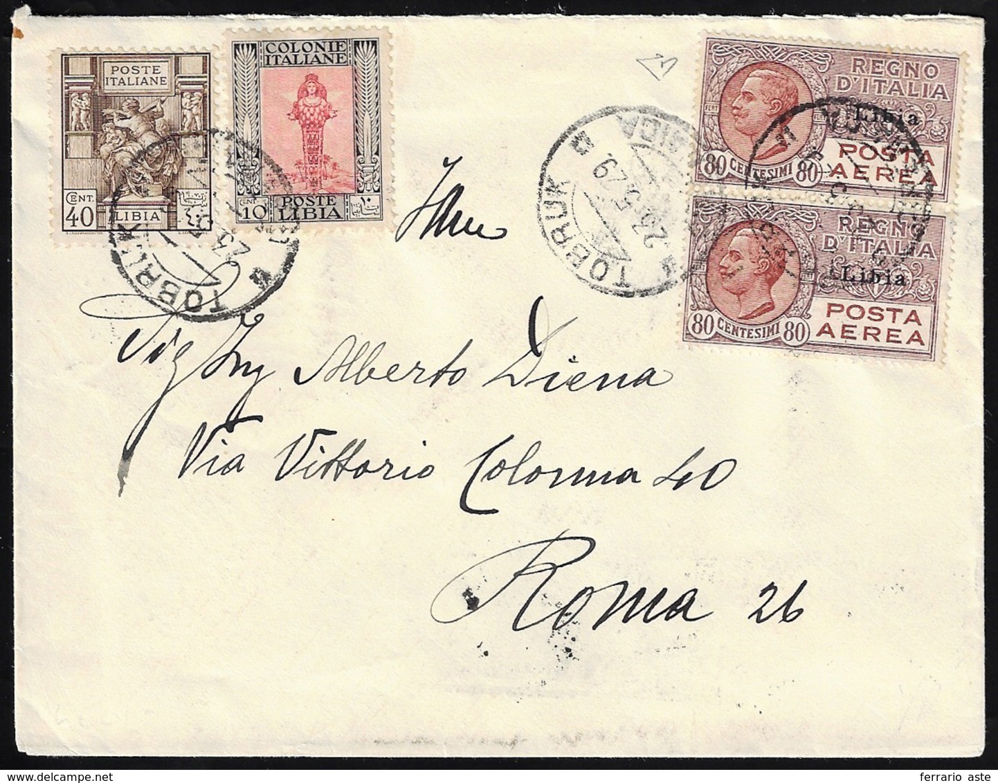 POSTA AEREA 1929 - 80 Cent. Soprastampato, Coppia, 10 Cent. Pittorica, 40 Cent. Sibilla (A2,61,55), ... - Libya