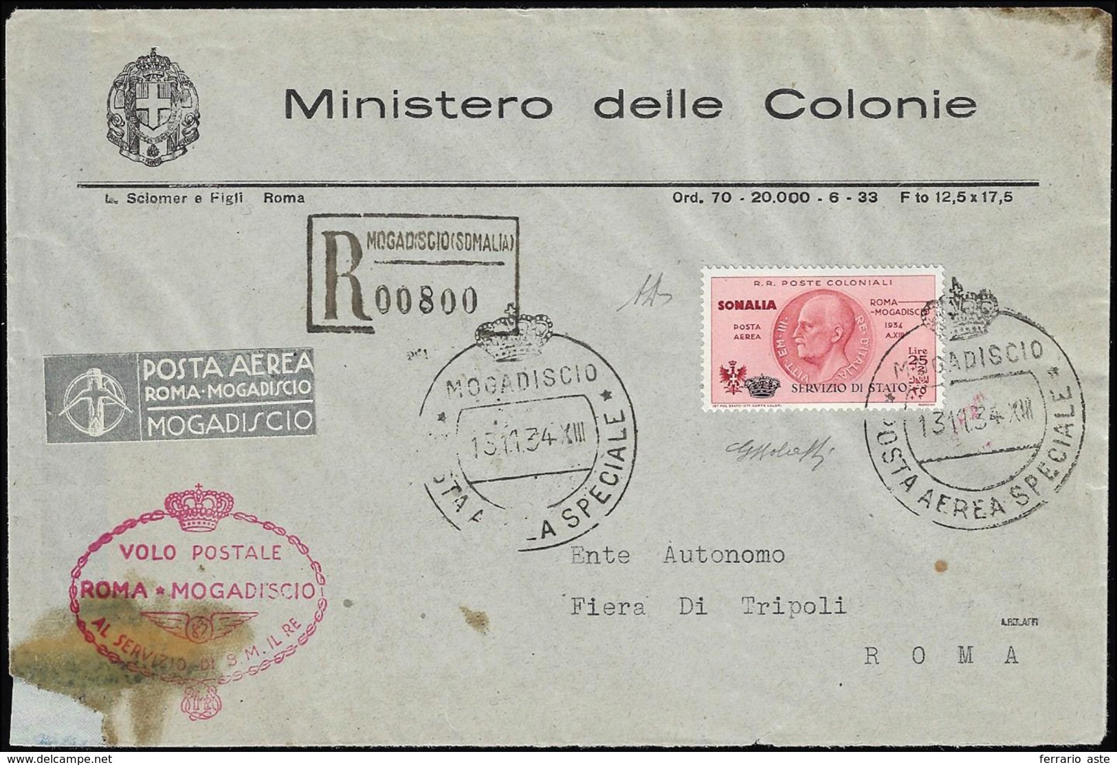 SERVIZIO AEREO 1934 - 25 + 2 Lire Coroncina (1), Perfetto, Su Aerogramma Viaggiato Da Mogadiscio 13/... - Somalie