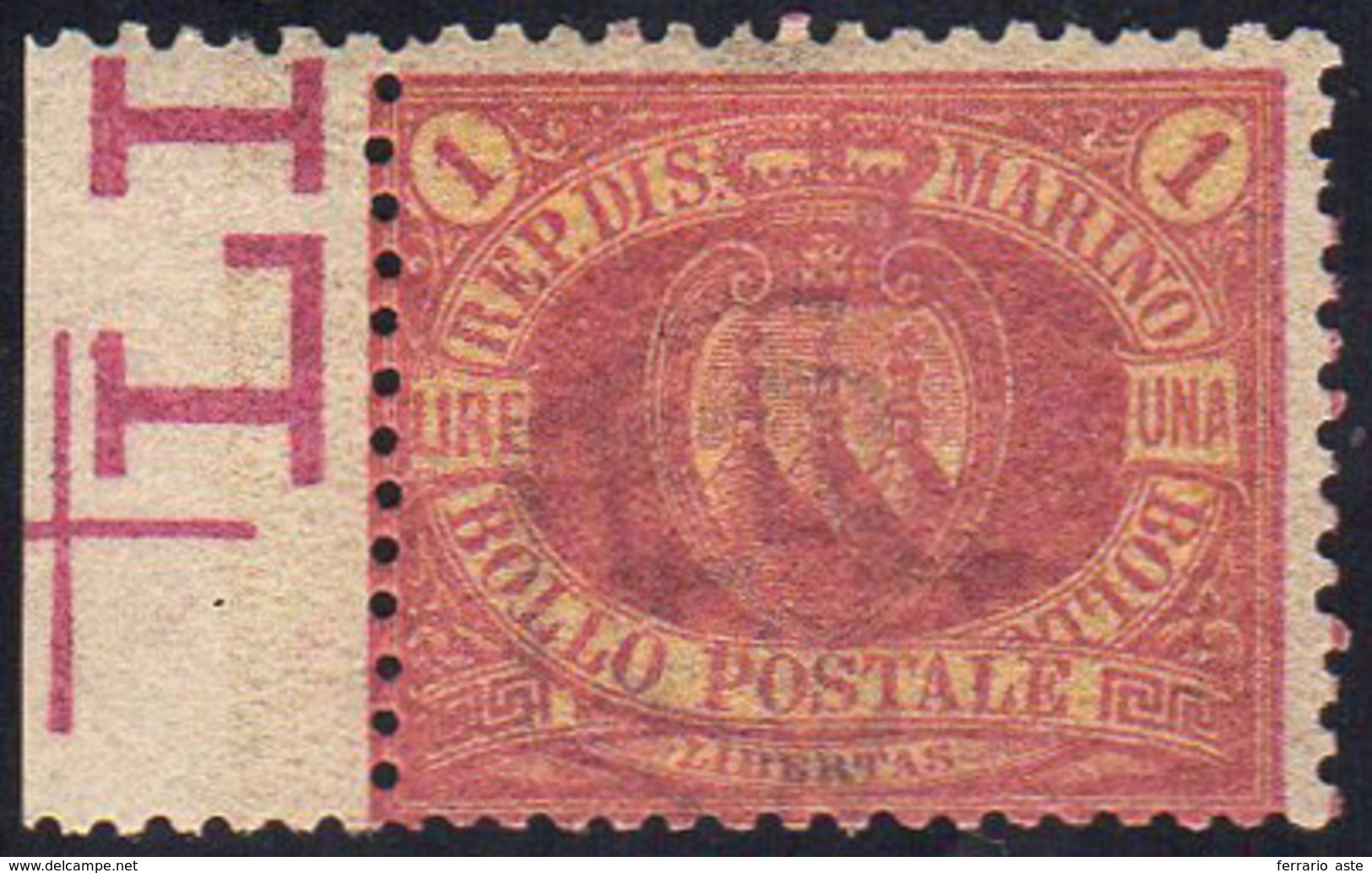 1892 - 1 Lira Carminio Su Giallo Stemma (20), Discreta Centratura, Bordo Di Foglio, Gomma Originale,... - Other & Unclassified