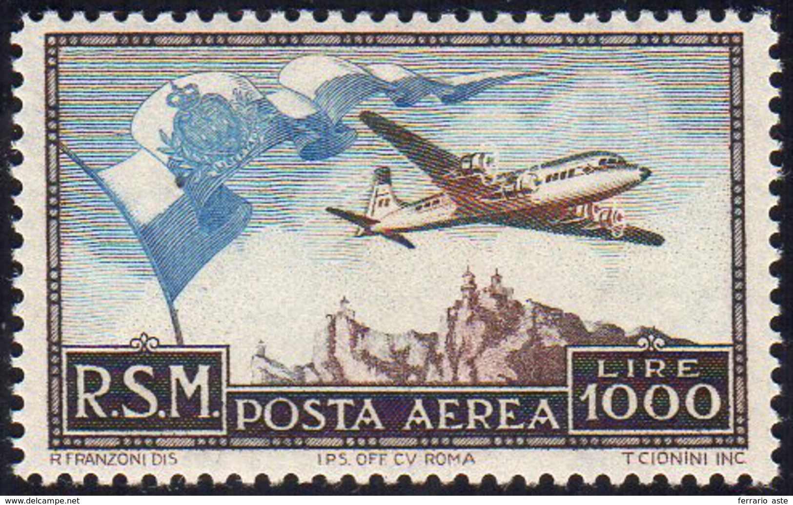 1951 - 1.000 Lire Bandierone (99), Gomma Integra, Perfetto. Cert. Ferrario.... - Airmail