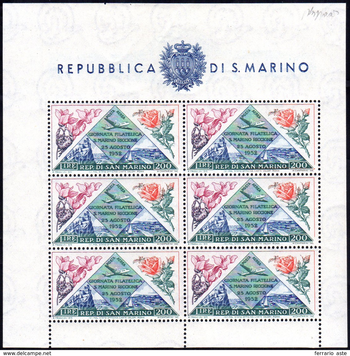 1952 - 200 Lire Giornata Filatelica, Foglietto (14), Gomma Integra, Perfetto. Bello. Caffaz.... - Blocs-feuillets