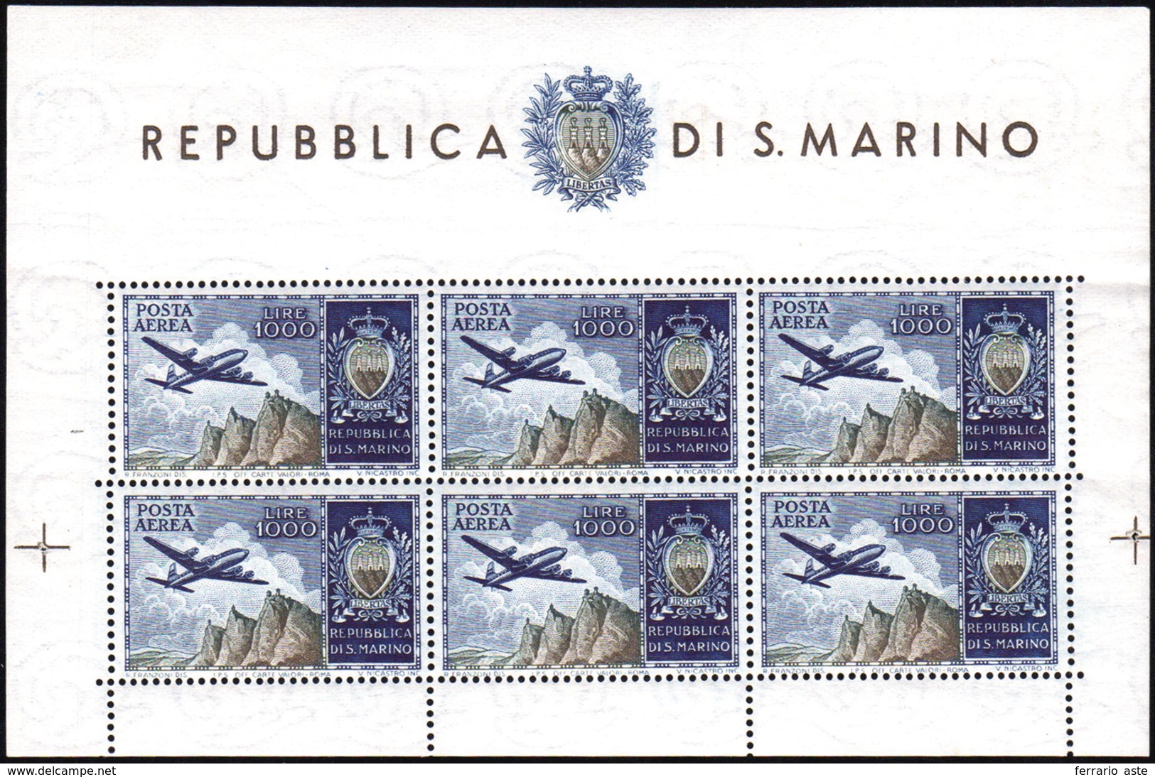 1954 - 1.000 Lire Aereo, Foglietto (16), Gomma Integra, Perfetto. Bello.... - Hojas Bloque