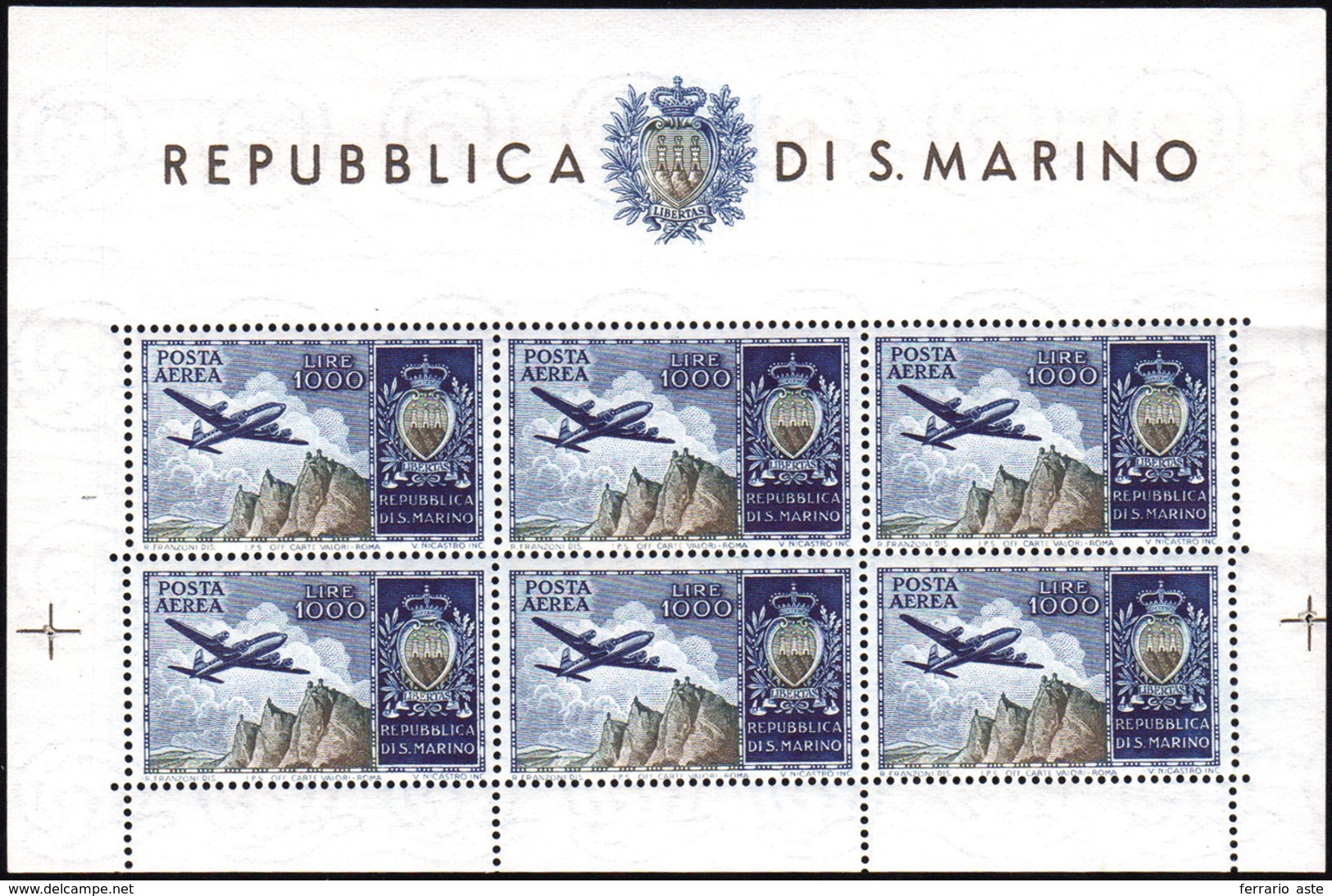1954 - 1.000 Lire Aereo, Foglietto (16), Gomma Integra, Perfetto. Bello.... - Blokken & Velletjes