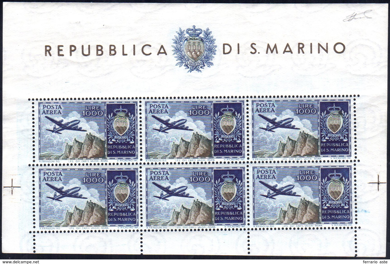 1954 - 1.000 Lire Aereo, Foglietto (16), Gomma Integra, Perfetto. Ferrraio.... - Hojas Bloque