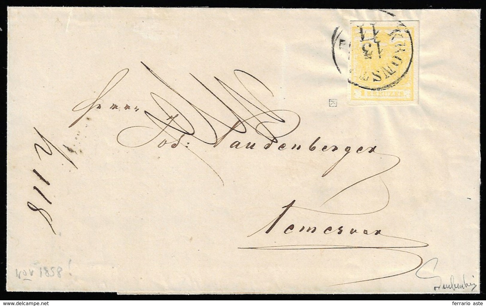 AUSTRIA 1858 - 1 Kr. Giallo, Carta A Macchina (1/I), Perfetto, Isolato Su Sovracoperta Di Circolare ... - Otros - Europa