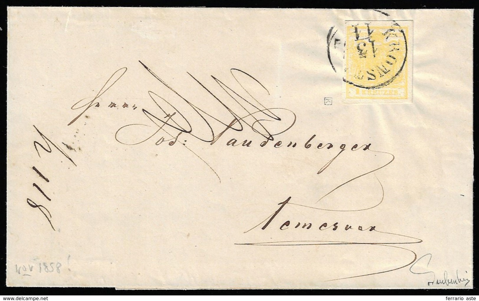 AUSTRIA 1858 - 1 Kr. Giallo, Carta A Macchina (1/I), Perfetto, Isolato Su Sovracoperta Di Circolare ... - Andere-Europa