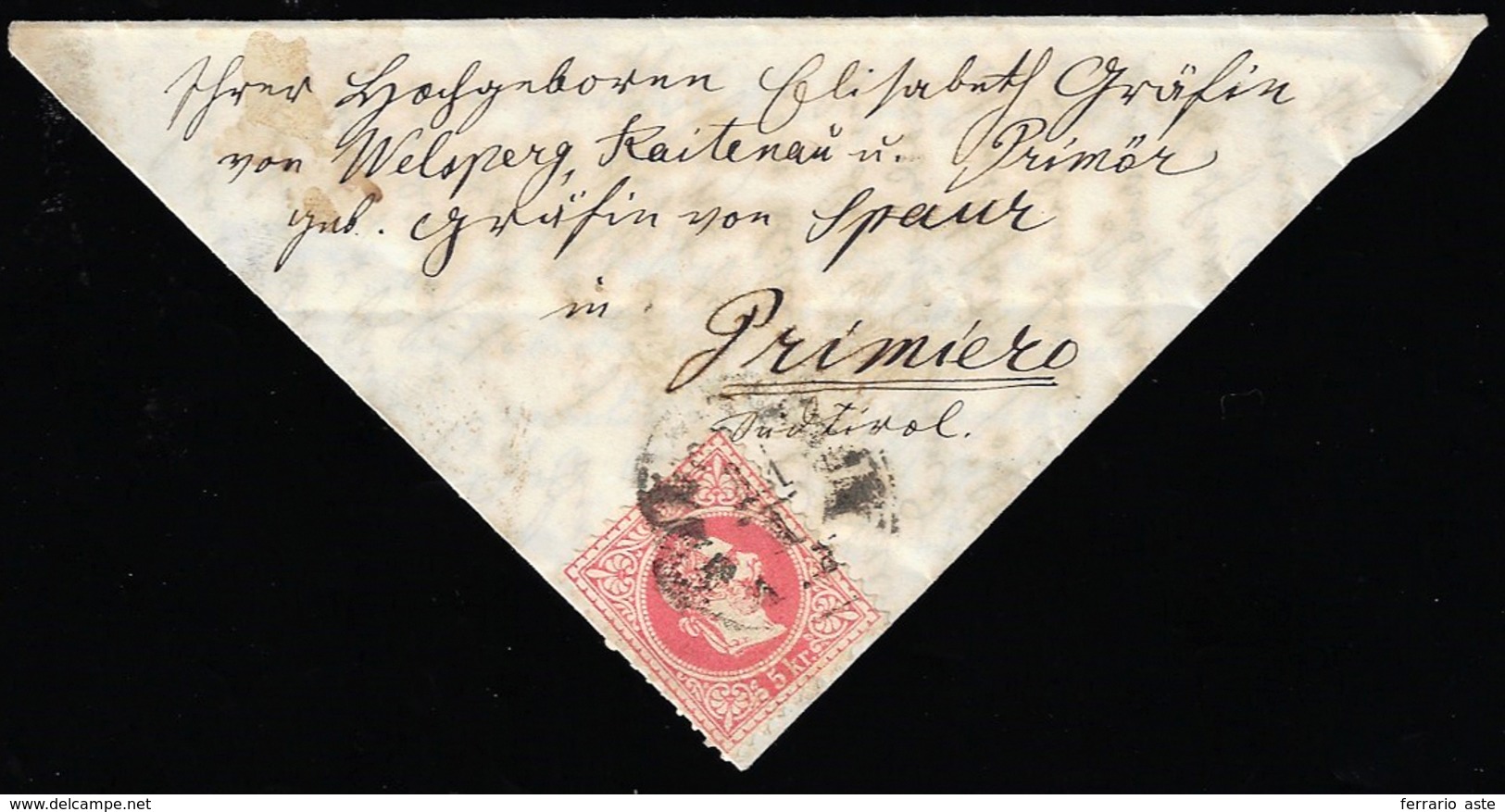 AUSTRIA 1870 - 5 Kr. Rosso (34), Perfetto, Su Lettera Di Formato Triangolare Da Innsbruck 21/1/1870 ... - Europe (Other)