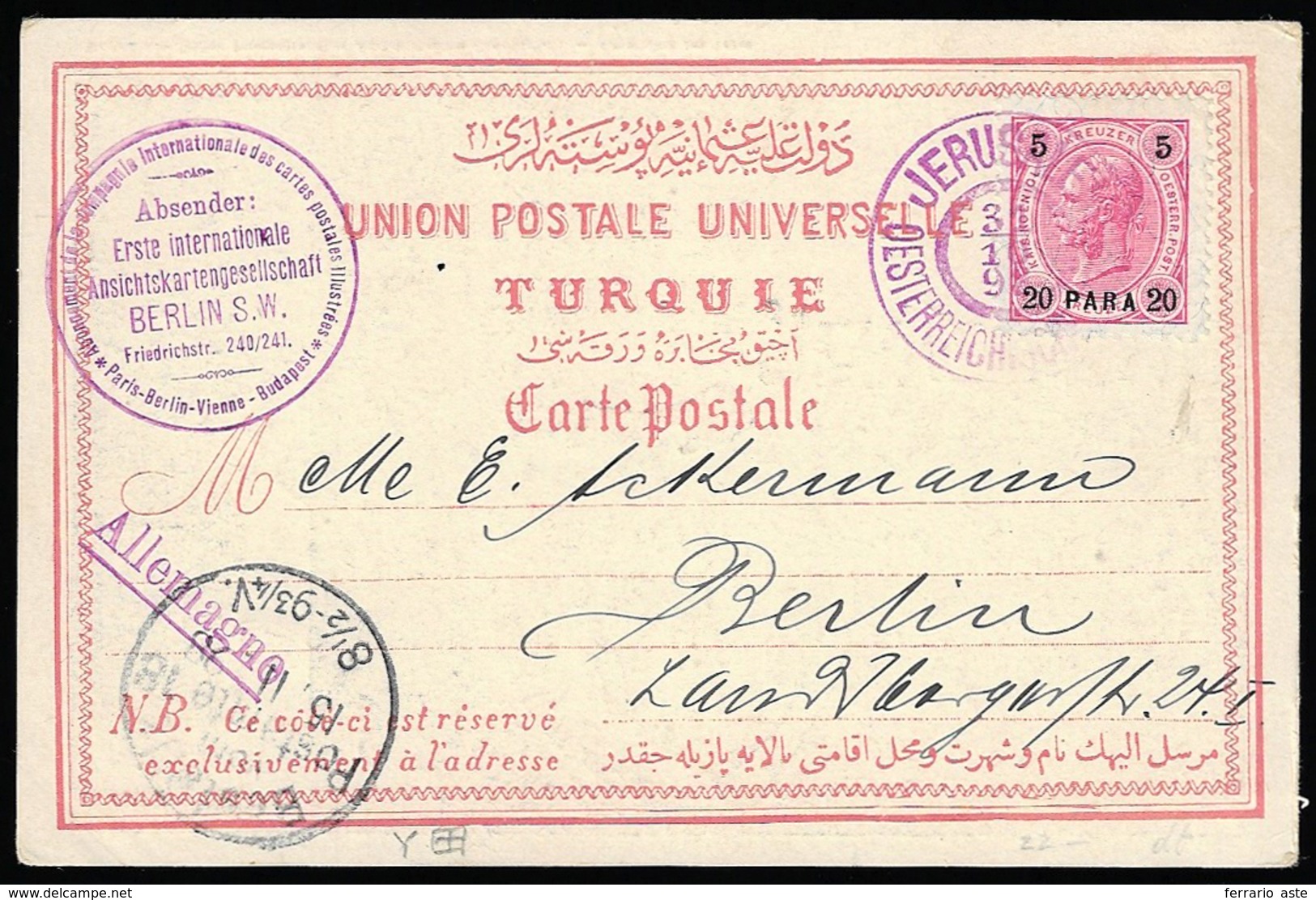 AUSTRIA LEVANTE 1898 - Cartolina Postale Soprastampata Da Gerusalemme 31/10/1898 A Berlino.... - Andere-Europa