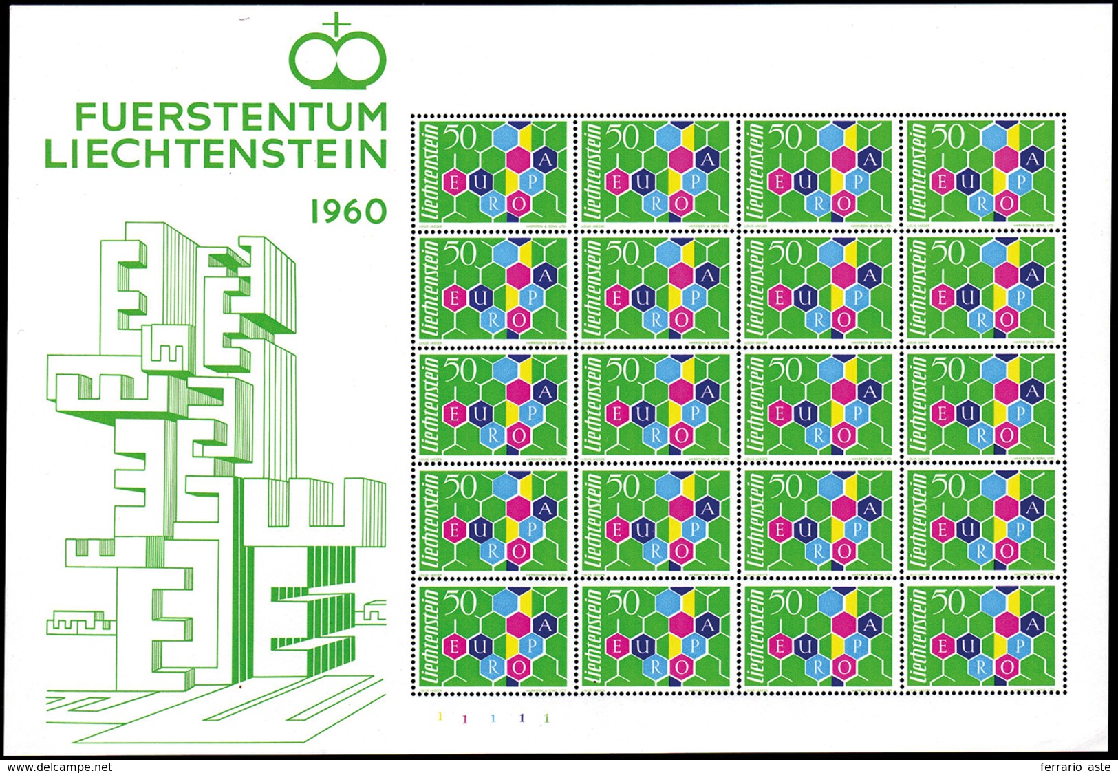 LIECHTENSTEIN MINIFOGLI 1960 - 50 R. Europa CEPT, Minifoglio Di 20 Esemplari (355), Gomma Integra, P... - Otros - Europa