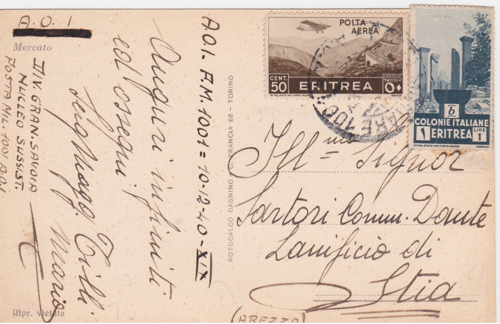 1940 POSTA MILITARE 1001/AOI C2 (10.12) Su Cartolina Via Aerea Affrancata Eritrea - Erythrée