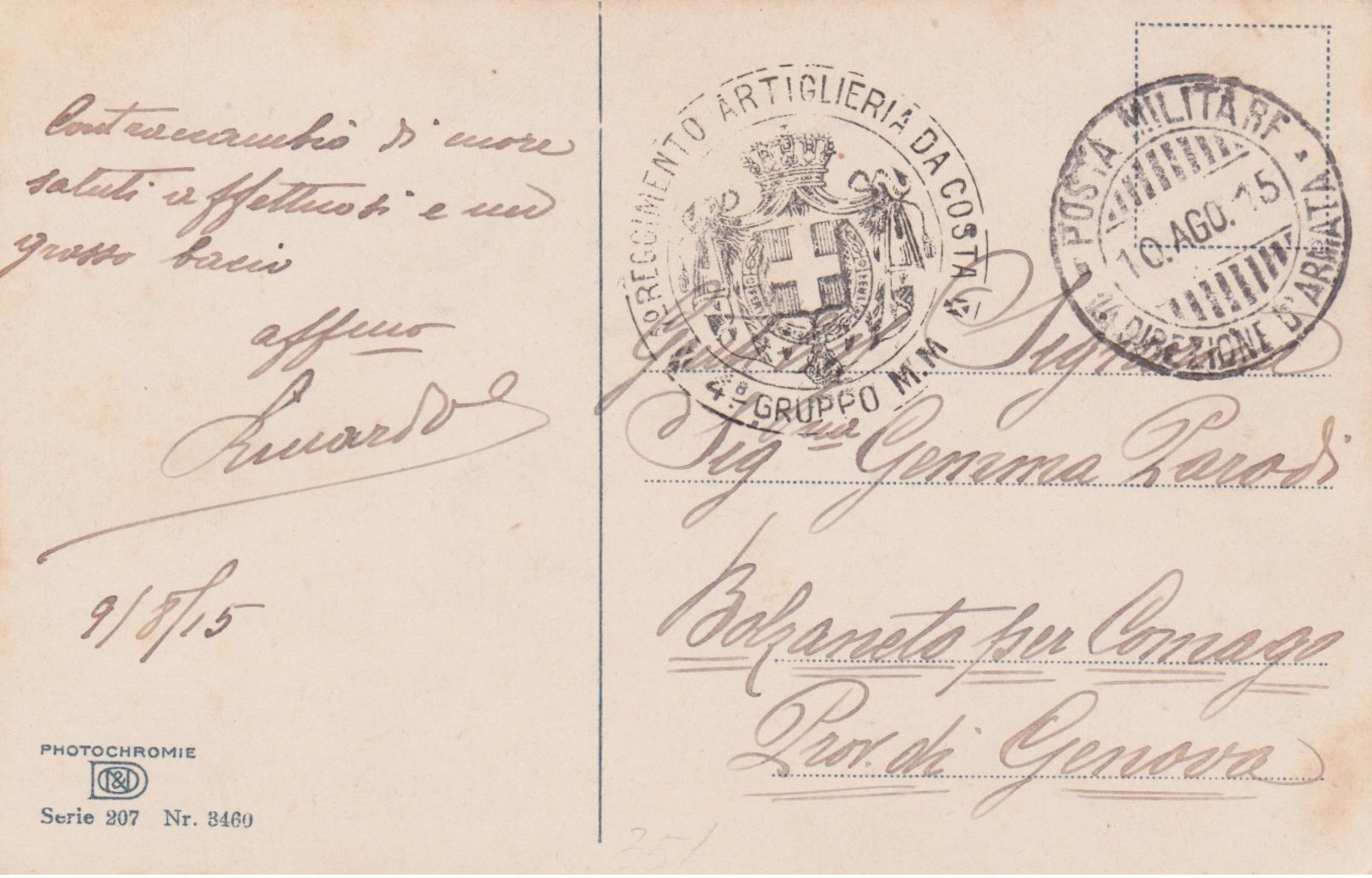 1915 POSTA MILITARE/1� DIREZIONE ARMATA (10.8.15) Su Cart. Ill. - Storia Postale