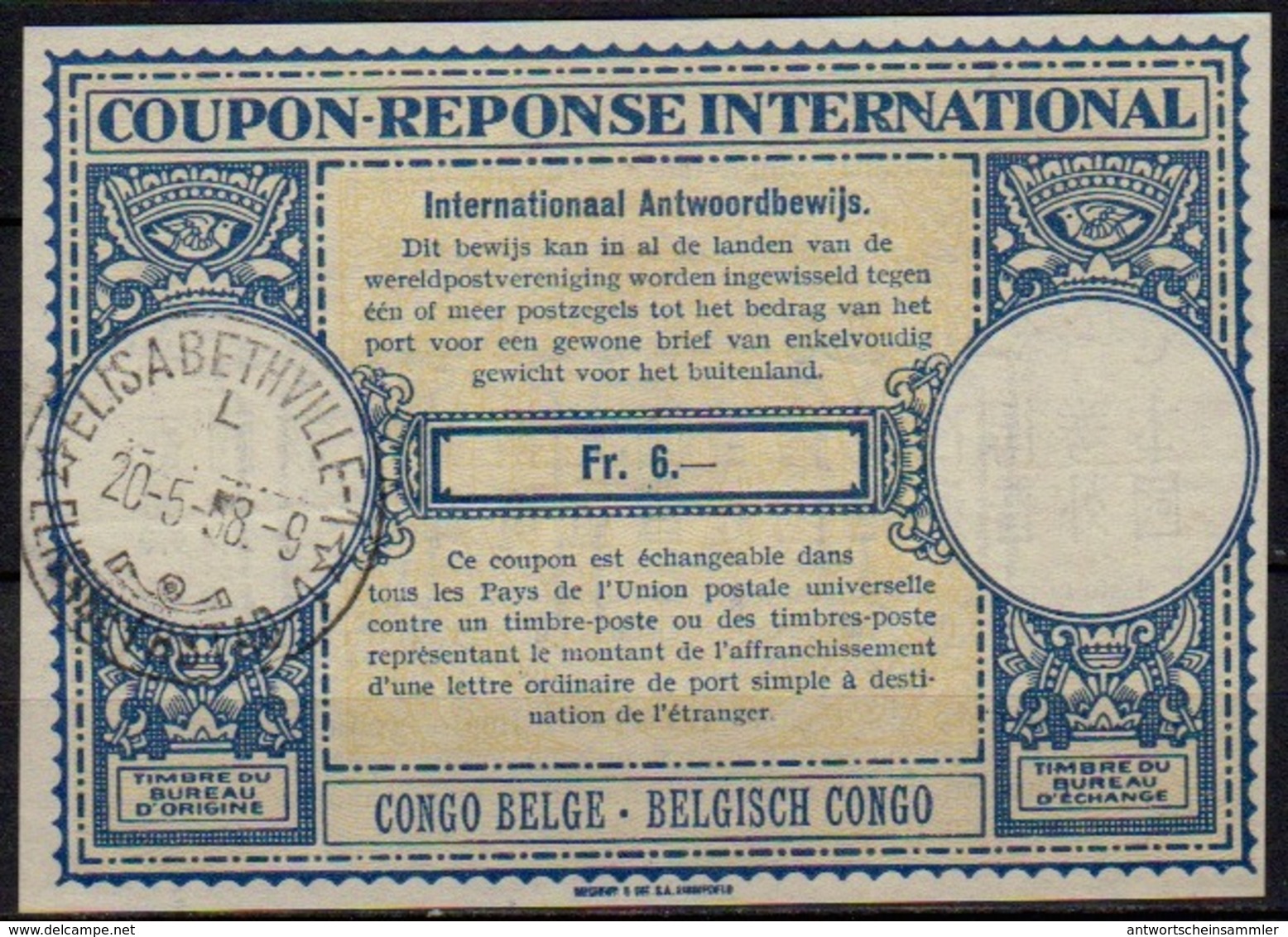 BELGISCH CONGO BELGE  Lo15A  Fr. 6.-  Int. Antwortschein Reply Coupon Reponse IRC IAS O ELISABETHVILLE 20.05.58 - Ganzsachen