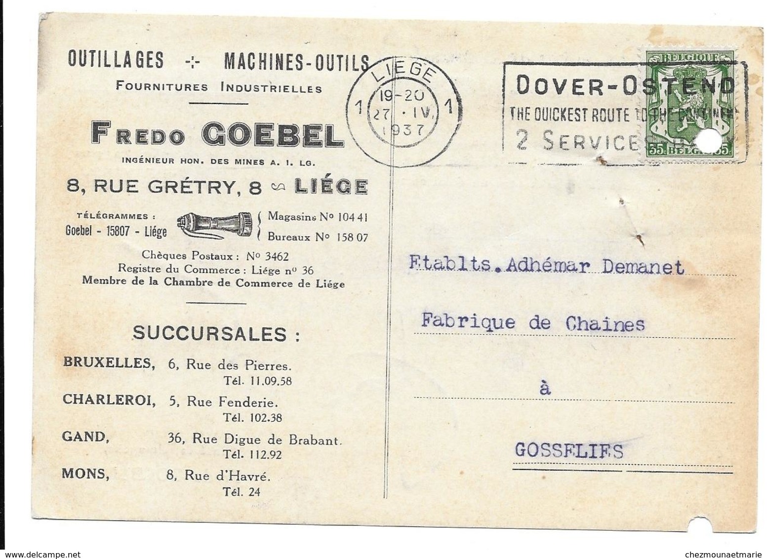 1937 OUTILLAGES FREDO GOEBEL LIEGE - DEMANET GOSSELIES SUR CARTE - Cartas & Documentos