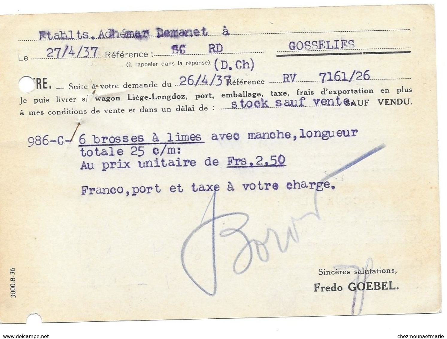 1937 OUTILLAGES FREDO GOEBEL LIEGE - DEMANET GOSSELIES SUR CARTE - Brieven En Documenten