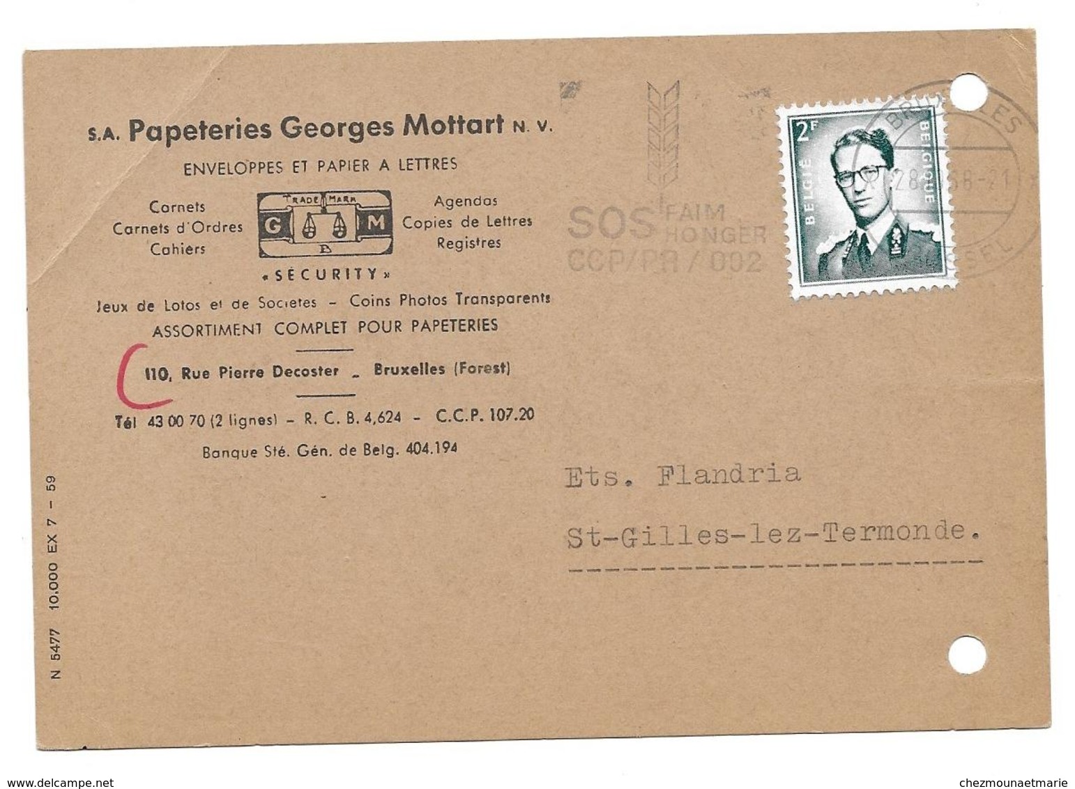 1968 PAPETERIES GEORGES MOTTART BRUXELLES - FLANDRIA ST GILLES LEZ TERMONDE SUR CARTE - Briefe U. Dokumente