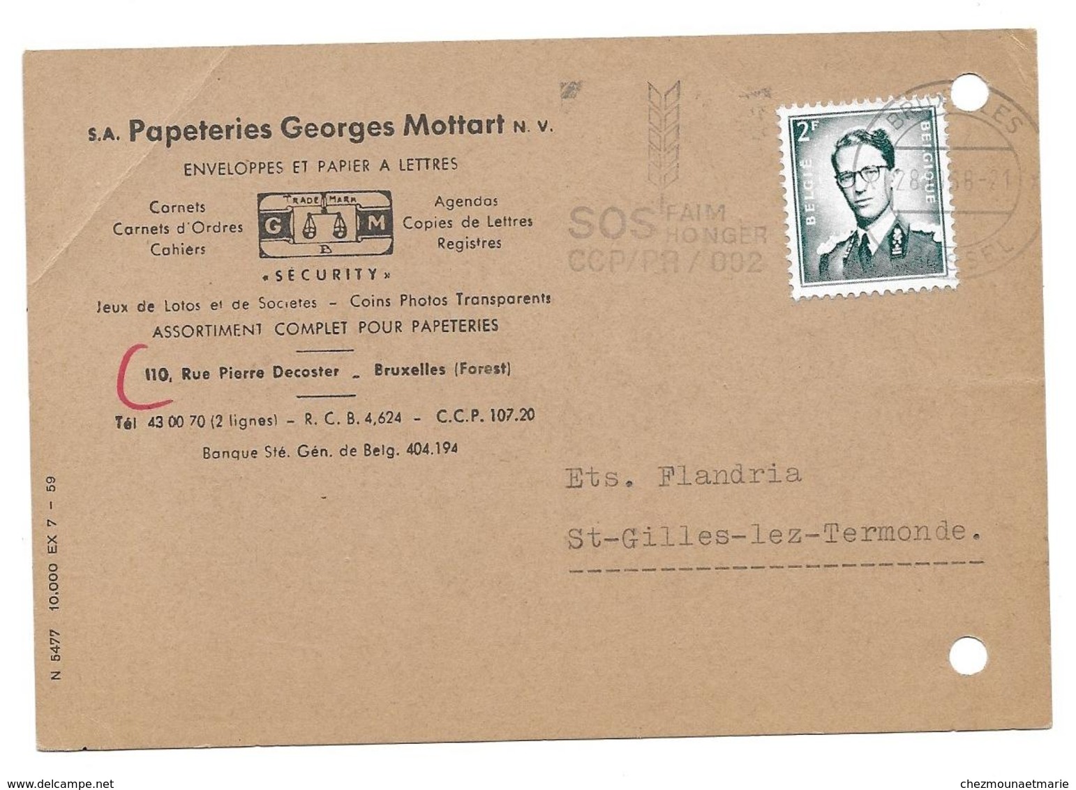 1968 PAPETERIES GEORGES MOTTART BRUXELLES - FLANDRIA ST GILLES LEZ TERMONDE SUR CARTE - Covers & Documents