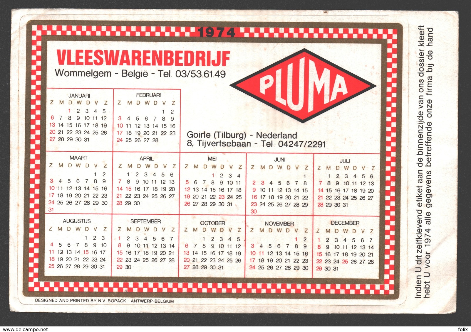 Wommelgem - Vleeswarenbedrijf Pluma - Kalender 1974 - Zelfklever / Sticker - Wommelgem