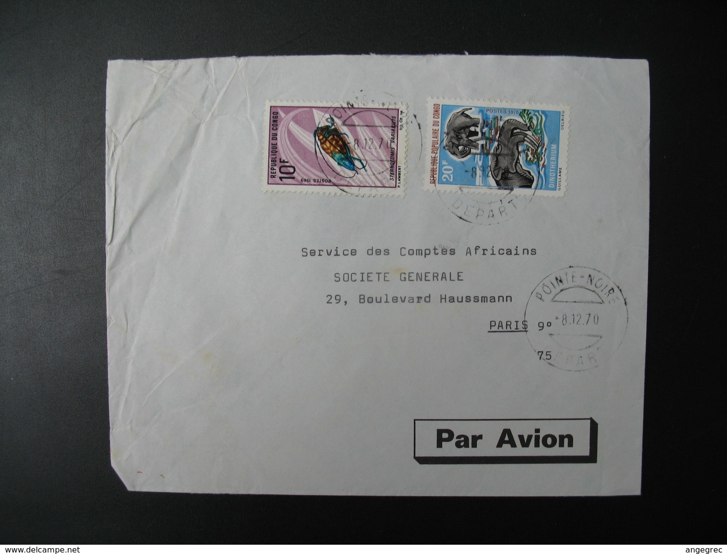 Lettre  Thème Animaux Dinoterium  Insectes Sternotomis  Congo 1970  Pour La Sté Générale Bd Haussmann Paris - Used