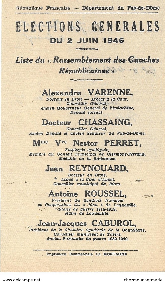 LISTE RASSEMBLEMENT DES GAUCHES REPUBLICAINES - ELECTIONS GENERALES 2 JUIN 1946 PUY DE DOME BONNET JEAN AUTOINGT - Documents Historiques