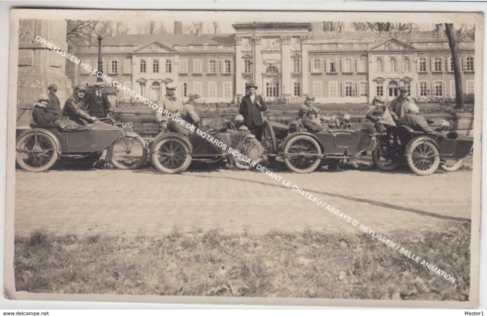 TOP! OPHEYLISSEM HELECINE CARTE PHOTO GROUPE DE MOTARDS SIDECAR DEVANT LE CHATEAU, ABBAYE D' HEYLISSEM, BELLE ANIMATION - Hélécine