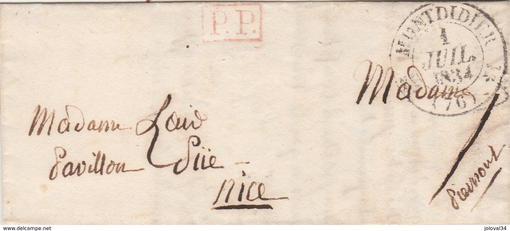 LAC Cachet MONTDIDIER Somme 1/7/1834 PP Port Payé  à Nice Verso Taxe Manuscrite + Marque Postale NIZZA - 1801-1848: Precursors XIX