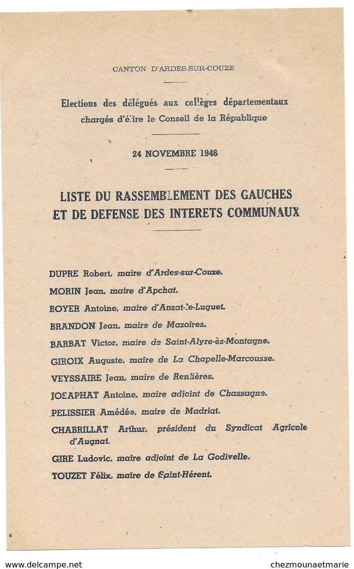 LISTE RASSEMBLEMENT DES GAUCHES 24 NOVEMBRE 1946 CANTON D ARDES SUR COUZE - Documents Historiques