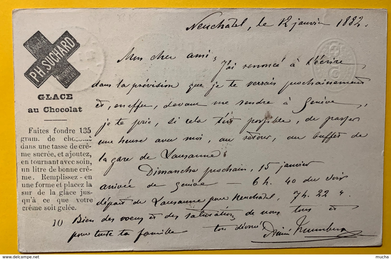 9265 - Suchard Recette Glace Au Chocolat Neuchâtel 12.01 1882 Pour Lausanne - Entiers Postaux