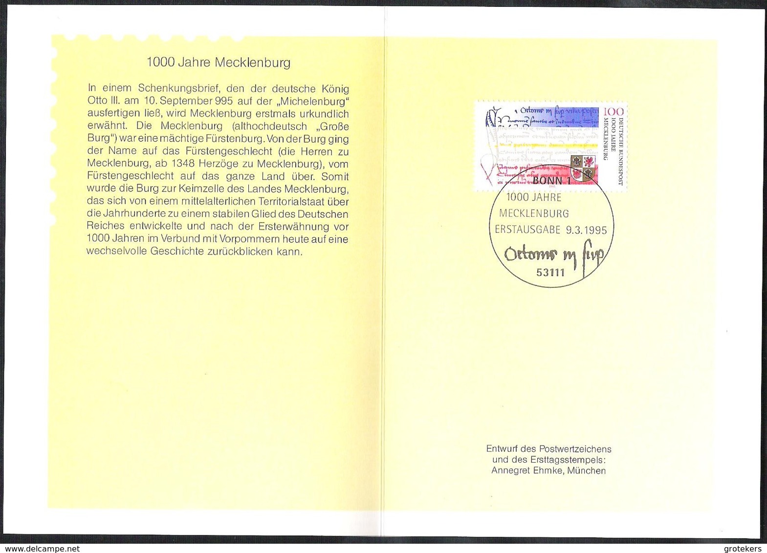 DEUTSCHLAND 1995 1000 Jahre Mecklenburg Michel 1782 Sonderumschlag FDC Abstemplung - Lettres & Documents