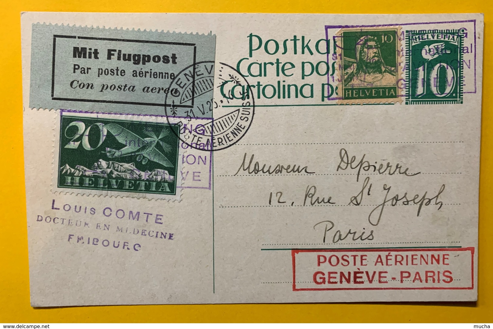 9267 - Poste Aérienne Genève-Paris Genève 31.05.1925 Sur Entier Postal - Entiers Postaux