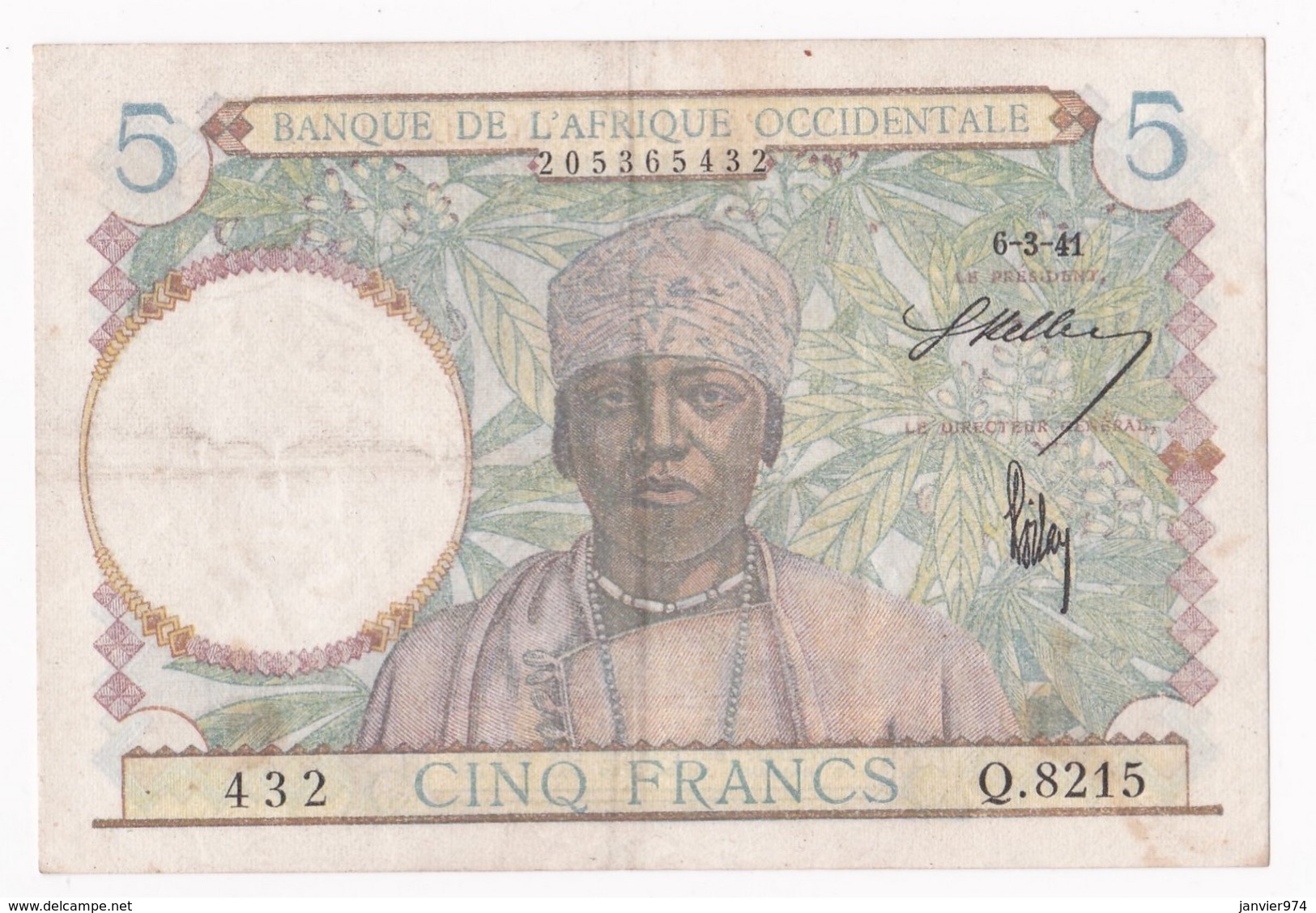 Banque De L'Afrique Occidentale 5 Francs 6 – 3 - 1941, Alphabet Q.8215 N° 432 . TTB/ SUP - États D'Afrique De L'Ouest