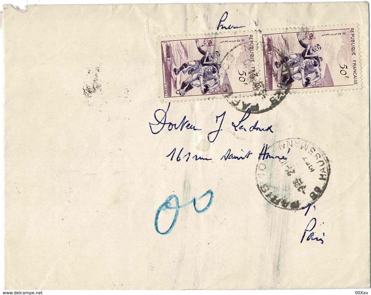 Lettre Pneumatique Tarif 1/07/1957 Enveloppe Inférieure à 7grs De Paris Pour Paris N°1074 *2 Rugby - Used Stamps