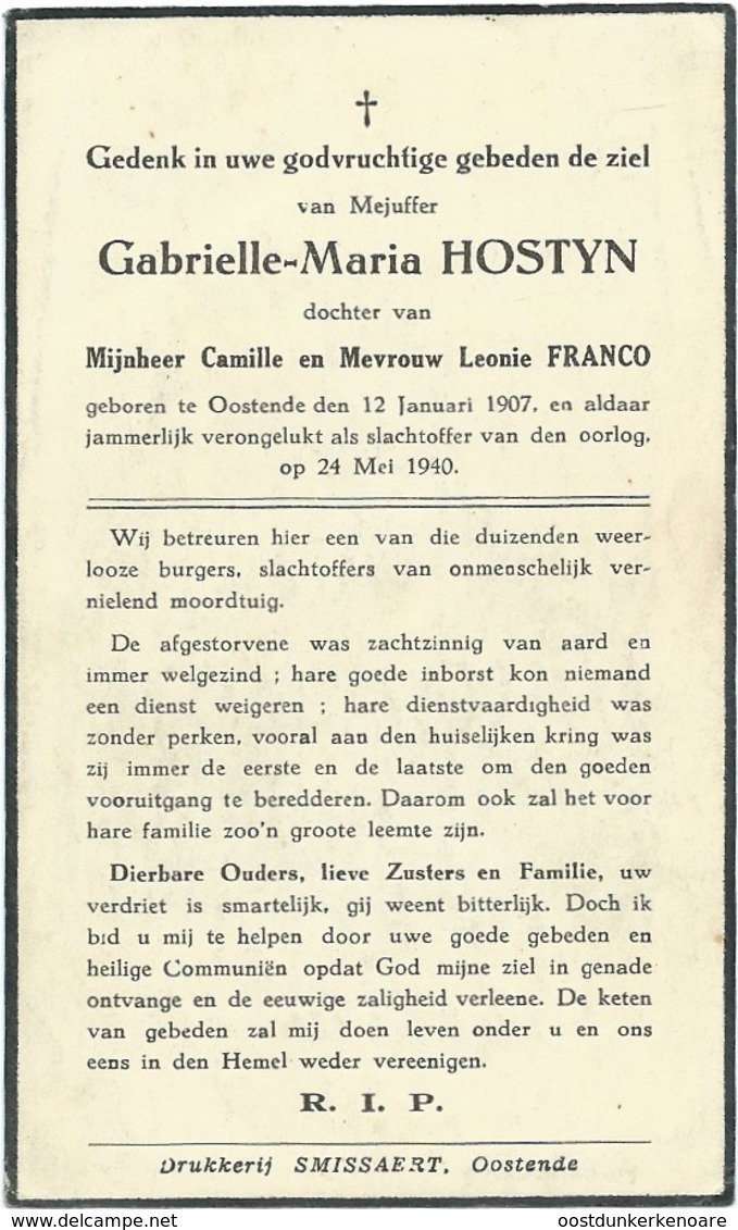 Doodsprentje: HOSTYN Gabrielle-Maria: ° Oostende, 1907,+ Oostende, 24 Mei 1940. Dochter Camille En Leonie FRANCO - Religion & Esotérisme